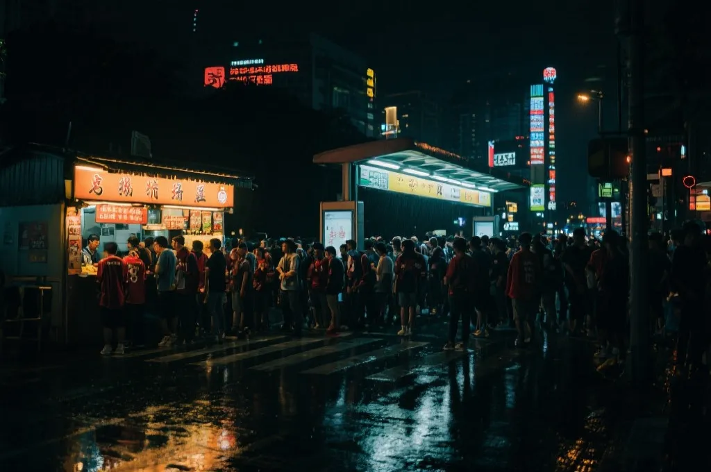 比赛散场后球迷在夜色中的公共交通站点与街边餐饮区寻找宵夜