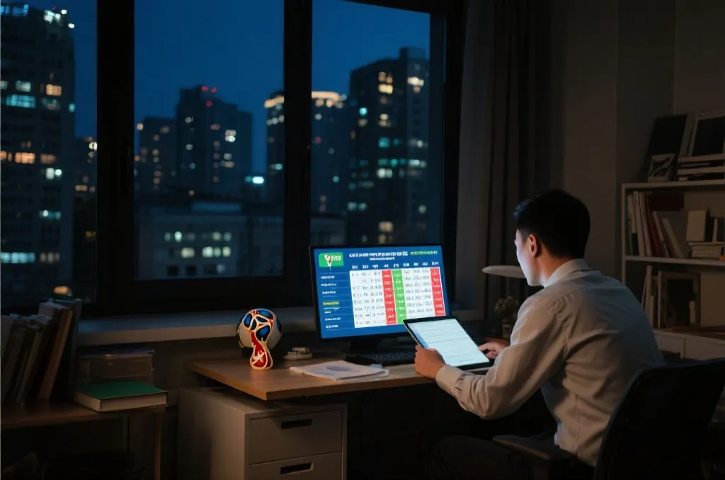 中国上班族球迷在深夜查看世界杯积分榜与比赛时间